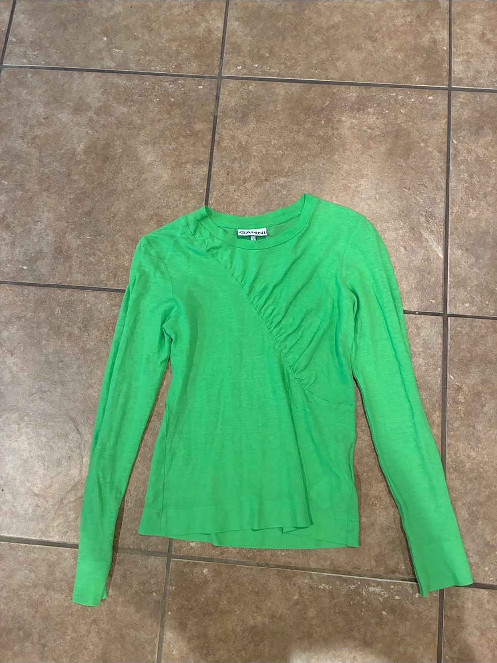 Ganni Bright Green Long-Sleeve Ruched Knit Top
